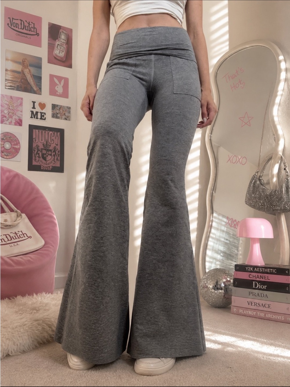 Aerie OFFLINE Foldover Flare Leggings Gray Y2K Yoga Pants Bootcut Size S
